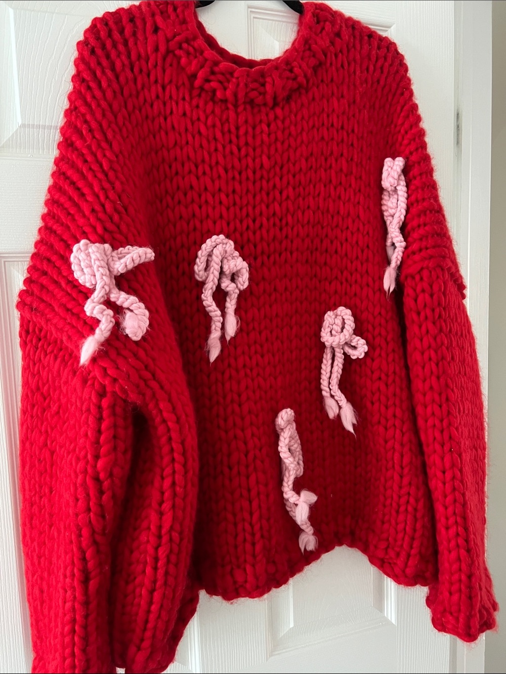Hope Macaulay Chunky Red Knit Sweater with Pale Pink Bow Details